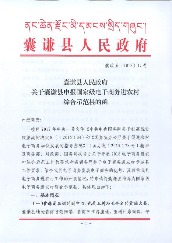 关于囊谦县申报国家电子商务进农村综合示范县的函