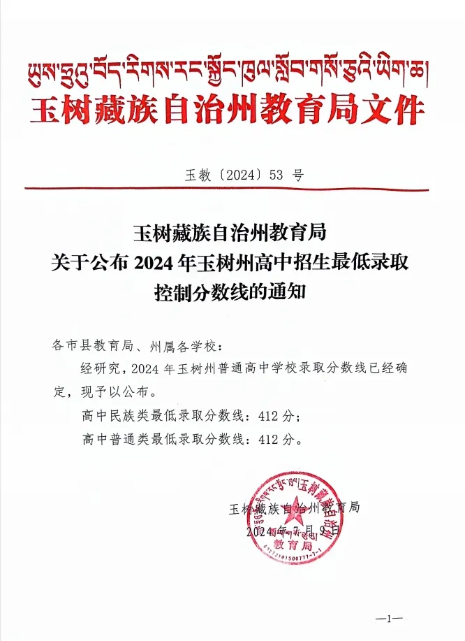 玉树藏族自治州教育局关于公布2024年玉树州高中招生最低录取控制分数线的通知
